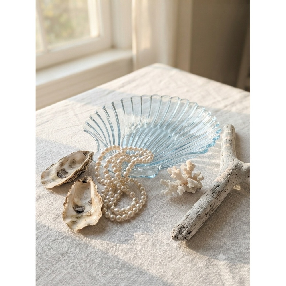 Vintage Style Light Blue Pressed Glass Scallop Shell Trinket Dish Coastal Decor